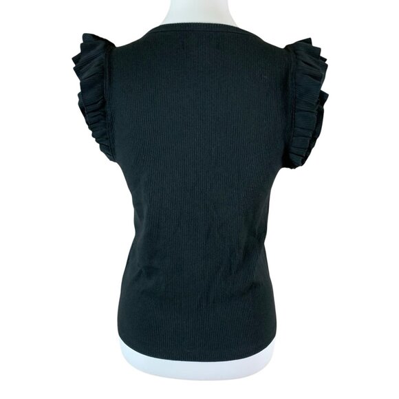 J Crew Black Ribbed Ruffle Sleeve Top M Minimalist Chic Classic Stretch Knit - Picture 2 of 4